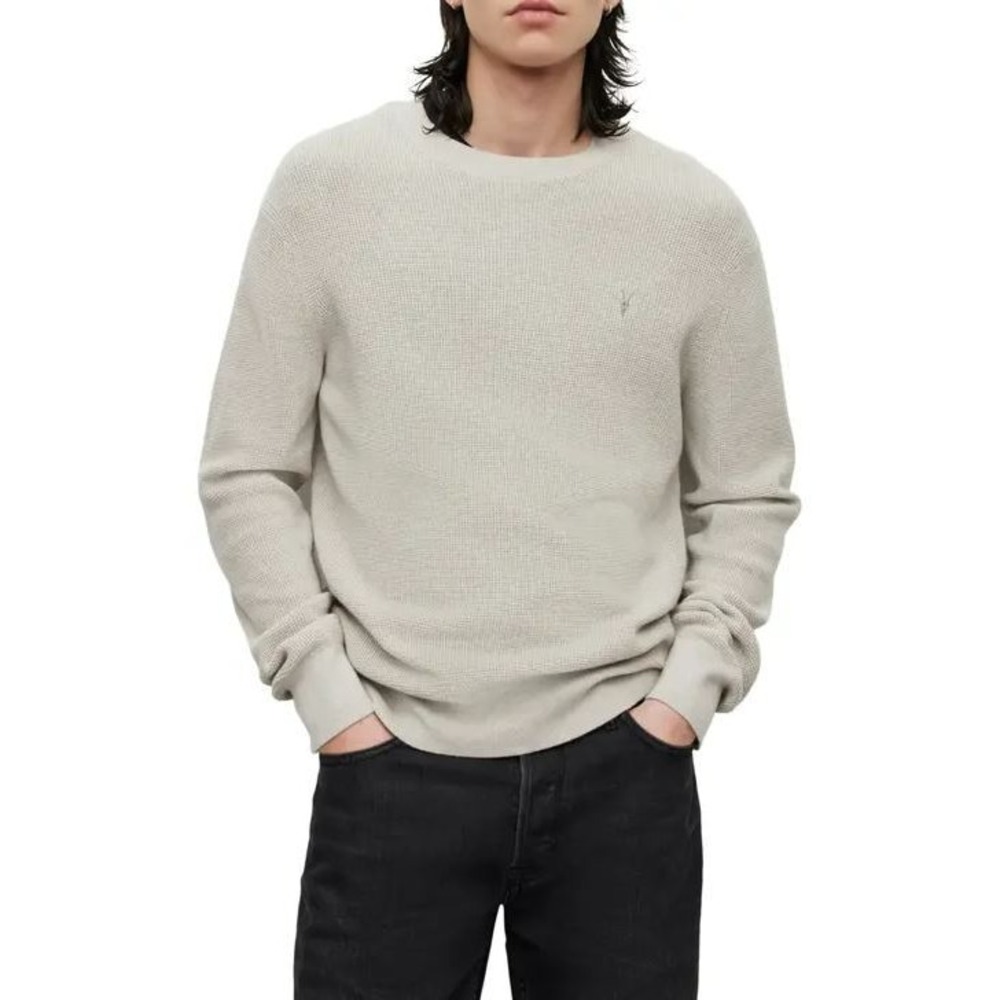 AllSaints Stein Crew Neck Sweater Mens XS Ivory Cotton Waffle Knit MK014J New